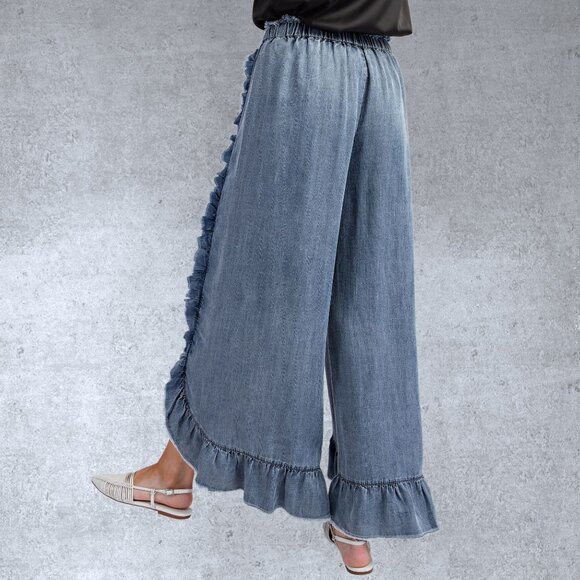 EASEL RESTOCKED! Raw Ruffle Trim Pants Elastic & Drawstring Waist & Scooped Hem - Picture 5 of 15